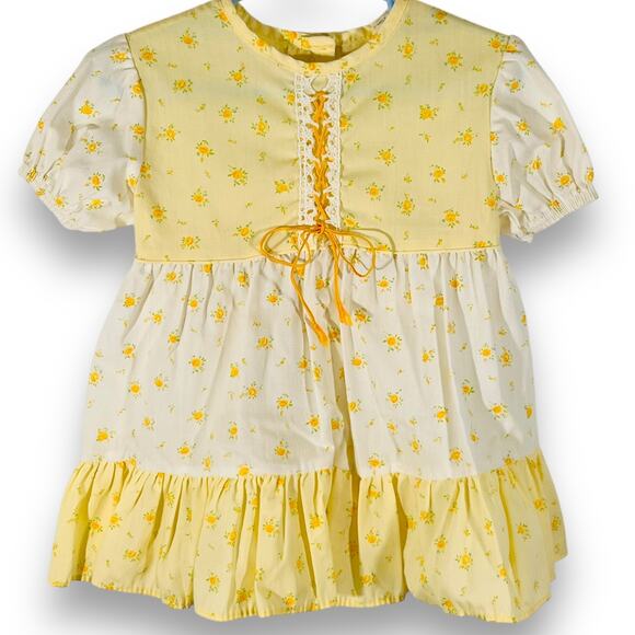 Bloome de Jeune Fille Yellow Floral Prairie Dress Girls 3T Puff Sleeve Vtg 70s - Picture 2 of 10